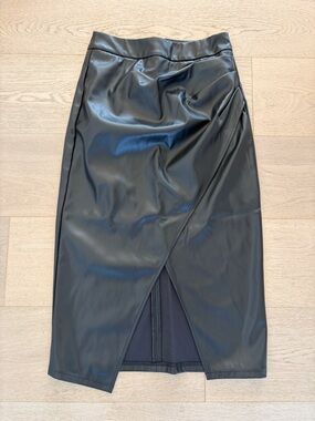 Commense Black Faux Leather Wrap-Front Pencil Skirt